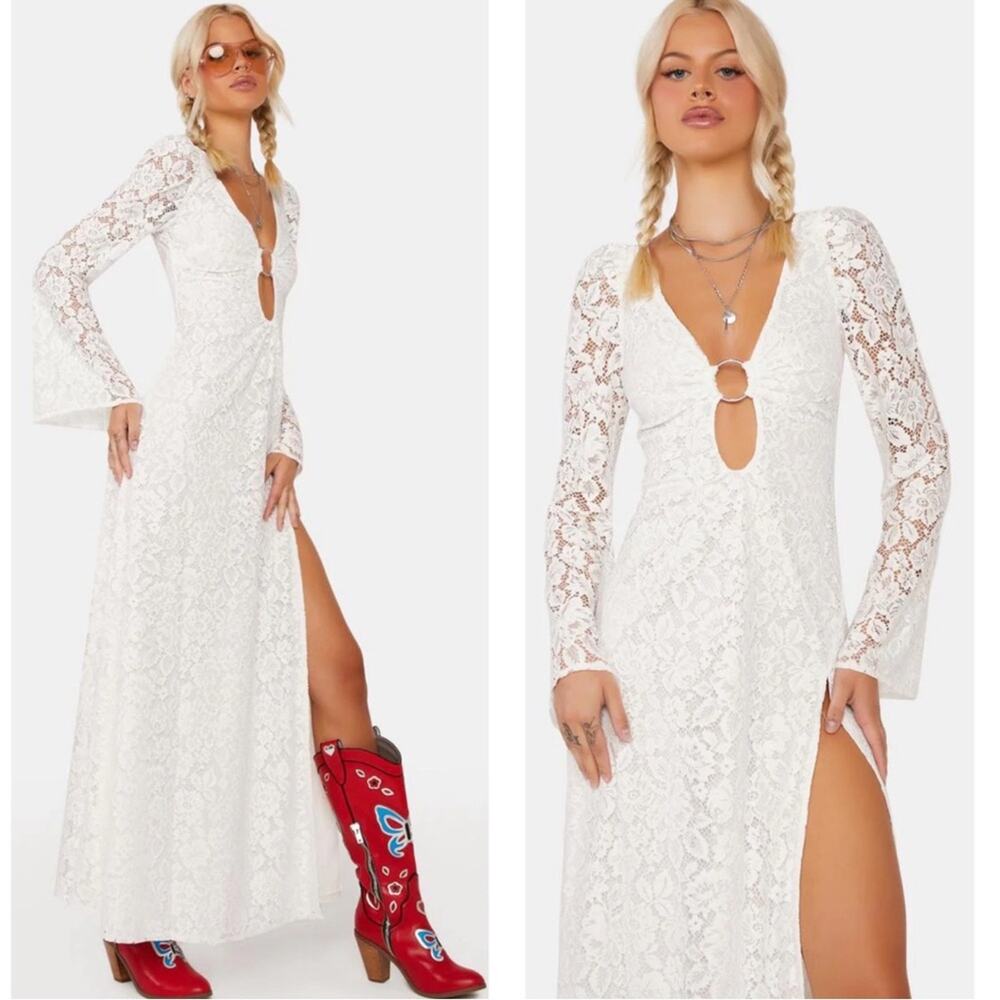 For Love & Lemons White Lace Maxi Dress with Ring Cutout